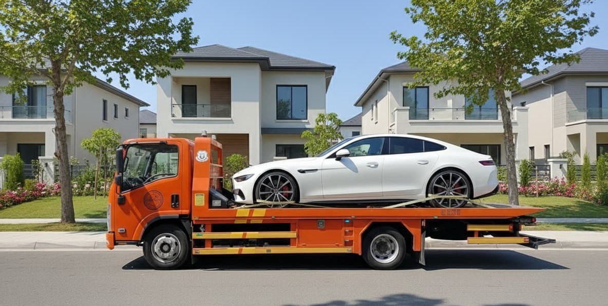 سطحة برتقالية تنقل مرسيدس AMG أمام فلل سكنية
